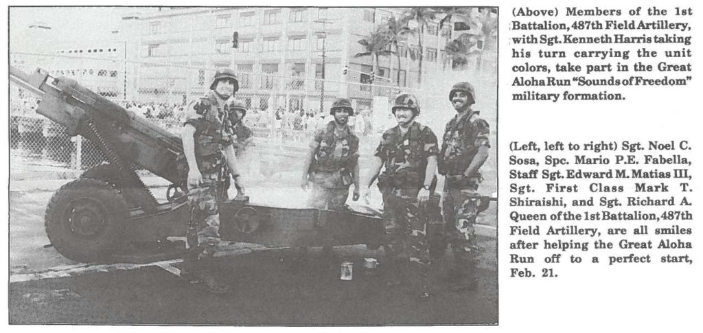 (left to right) Sgt. Noel C. Sosa, Spc. Mario P.E. Fabella, Staff Sgt. Edward M. Matias III, Sgt. First Class Mark T. Shiraishi, and Sgt. Richard A. Queen of the 1st Battalion, 487th Field Artillery, are all smiles after helping the Great Aloha Run off to a perfect start, Feb. 21.