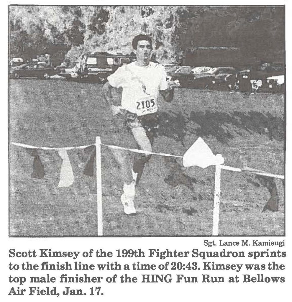 Scott Kimsey of the 199th Fighter Squadron sprints to the finish line with a time of 20:43. Kimsey was the top male finisher of the HING Fun Run at Bellows Air Field, Jan. 17.