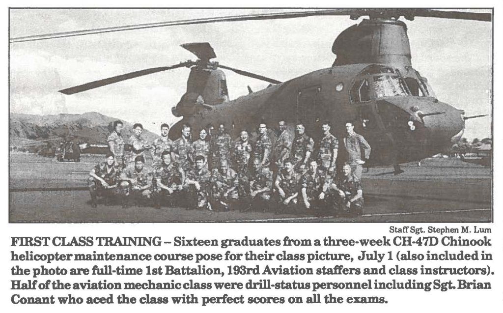 FIRST CLASS TRAINING- Sixteen graduates from a three-week CH-47D Chinook helicopter maintenance course pose for their class picture, July 1 (also included in the photo are full-time 1st Battalion, 193rd Aviation staffers and class instructors). Half of the aviation mechanic class were drill-status personnel including Sgt. Brian Conant who aced the class with perfect scores on all the exams.