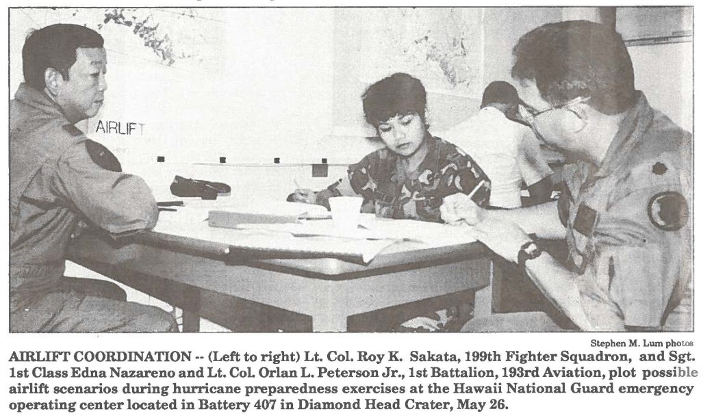 AIRLIFT COORDINATION -- (Left to right) Lt. Col. Roy K. Sakata, 199th Fighter Squadron, and Sgt. 1st Class Edna Nazareno and Lt. Col Orlan L. Peterson Jr., 1st Battalion, 193rd Aviation, plot possible airlift scenarios during hurricane preparedness exercises at the Hawaii National Guard emergency operating center located in Battery 407 in Diamond Head Crater, May 26.