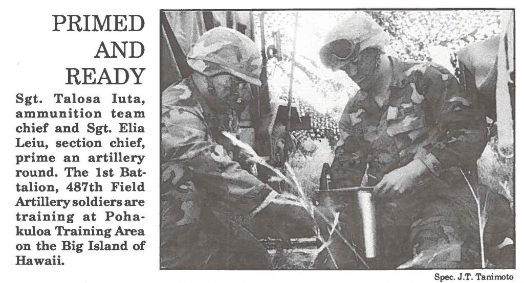 Sgt. Talosa Iuta, ammunition team chief and Sgt. Elia Leiu, section chief, prime an artillery round. The 1st Battalion, 487th Field Artillery soldiers are training at Pohakuloa Training Area on the Big Island of Hawaii.