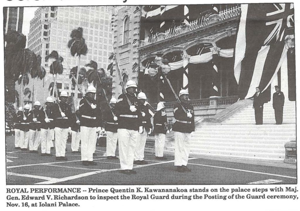 ROYAL PERFORMANCE -- Prince Quentin K. Kawananakoa stands on the palace steps with Maj. Gen. Edward V. Richardson to inspect the Royal Guard during the Posting of the Guard ceremony, Nov. 16, at Iolani Palace.
