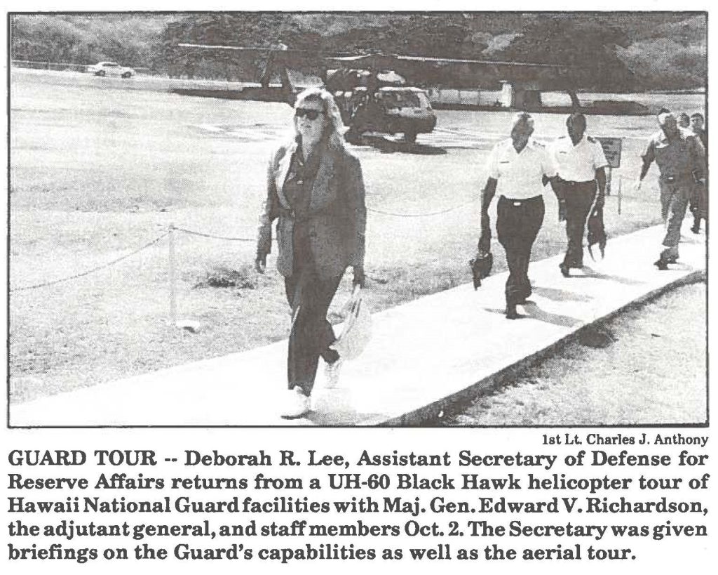 GUARD TOUR -- Deborah R. Lee, Assistant Secretary of Defense for Reserve Affairs returns from a UH-60 Black Hawk helicopter tour of Hawaii National Guard facilities with Maj. Gen. Edward V. Richardson, the adjutant general, and staff members Oct. 2. The Secretary was given briefings on the Guard's capabilities as well as the aerial tour.