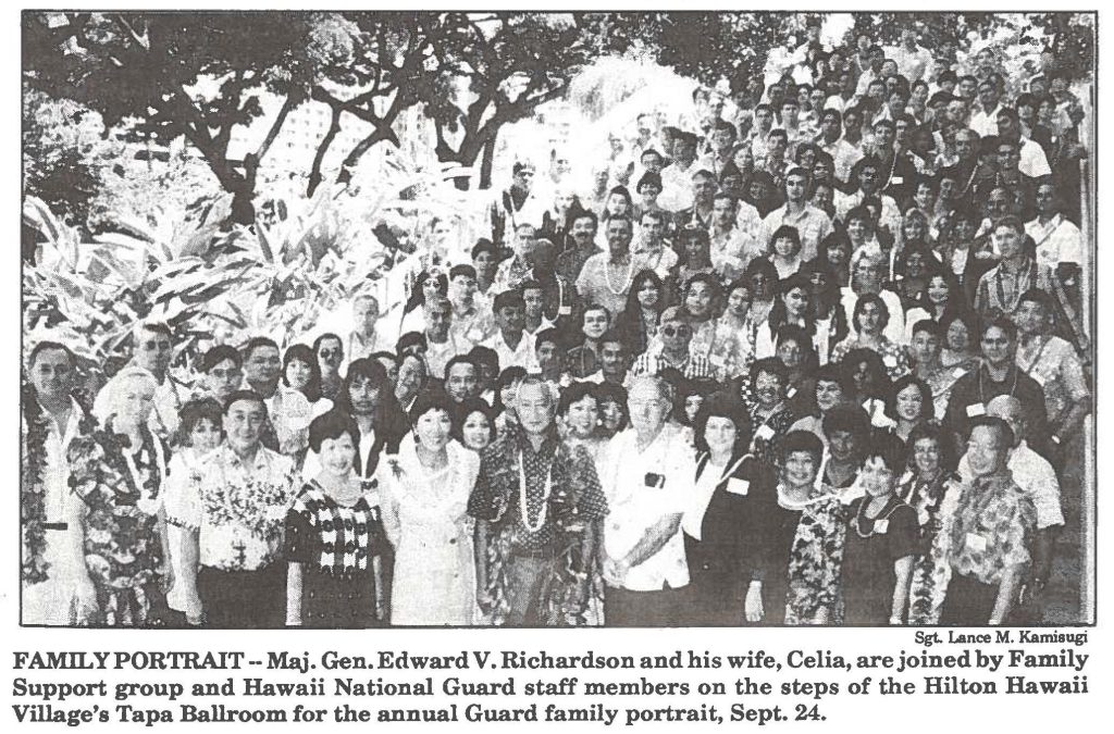 FAMILY PORTRAIT--Maj. Gen. Edward V. Richardson and his wife, Celia, are joined by Family Support group and Hawaii National Guard staff members on the steps of the Hilton Hawaii Village's Tapa Ballroom for the annual Guard family portrait, Sept. 24.