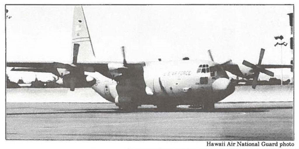 HOME TO ROOST-- (Above) Hawaii Air National Guard's new C-130H-3 Hercules transport as it arrives at Hickam AFB, Sept. 10.