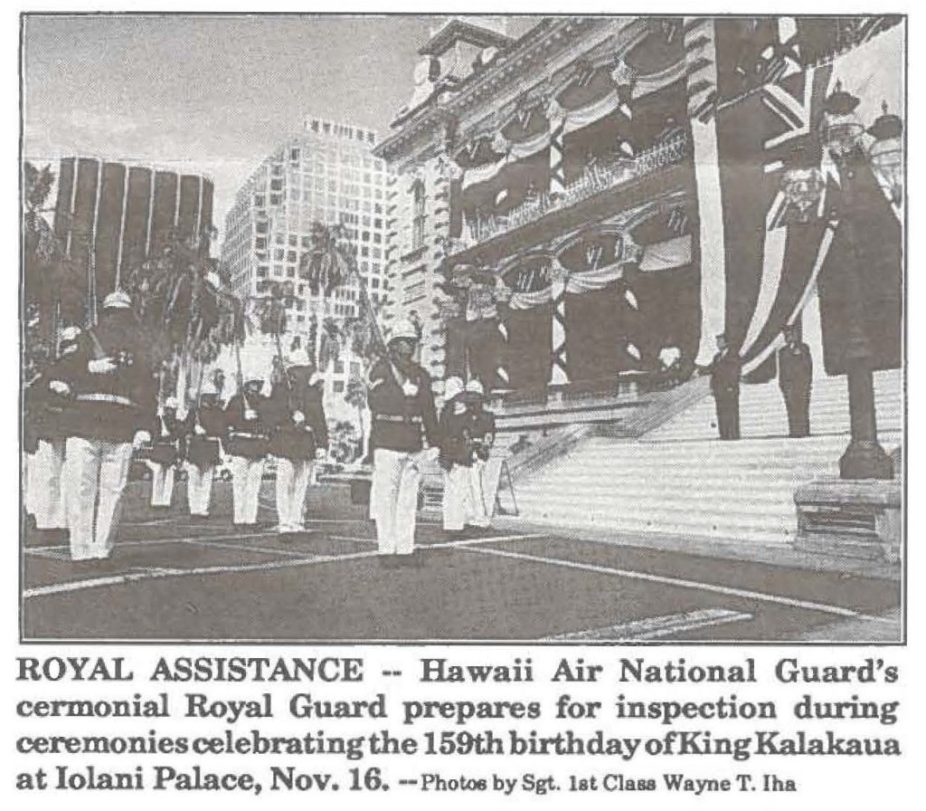 ROYAL ASSISTANCE -- Hawaii Air National Guard's ceremonial Royal Guard prepares for inspection during ceremonies celebrating the 159th birthday of King Kalakaua at Iolani Palace, Nov. 16. -Photos by Sgt. 1st Claaa Wayne T. Iha