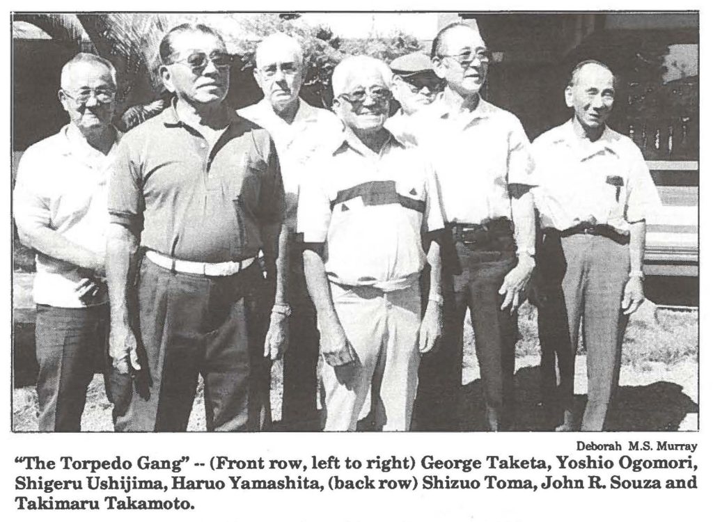 "The Torpedo Gang" -- (Front row, left to right) George Taketa, Yoshio Ogomori, Shigeru Ushijima, Haruo Yamashita, (back row) Shizuo Toma, John R. Souza and Takimaru Takamoto.