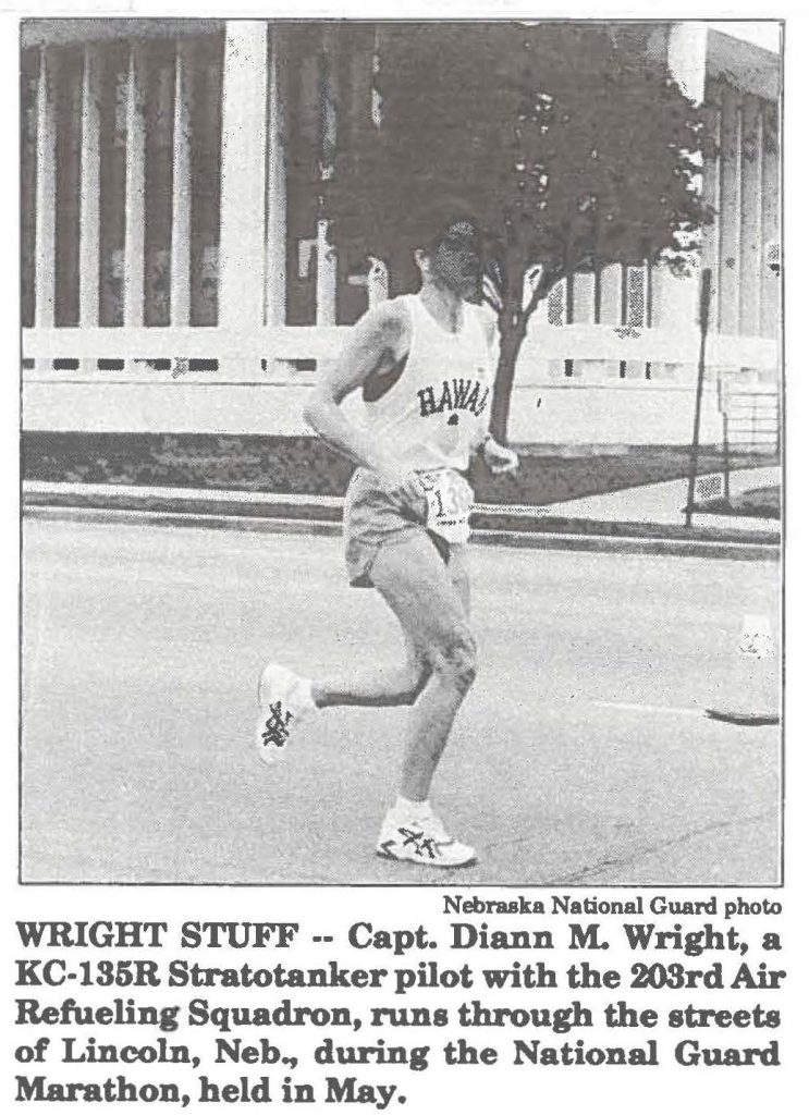 WRIGHT STUFF -- Capt. Diann M. Wright, a KC-135R Stratotanker pilot with the 203rd Air Refueling Squadron, runs through the streets of Lincoln, Neb., during the National Guard Marathon, held in May.