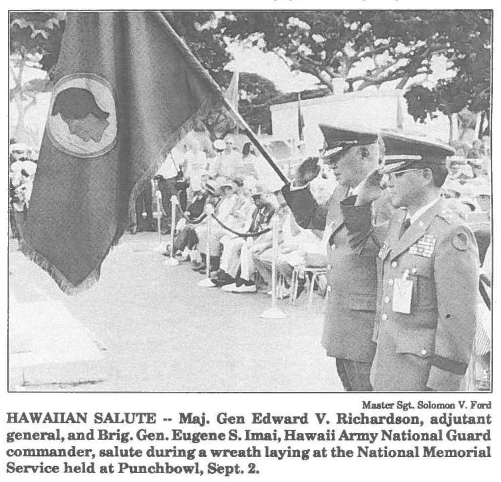 HAWAIIAN SALUTE -- Maj. Gen Edward V. Richardson, adjutant general, and Brig. Gen. Eugene S. Imai, Hawaii Army National Guard commander, salute during a wreath laying at the National Memorial Service held at Punchbowl, Sept. 2.