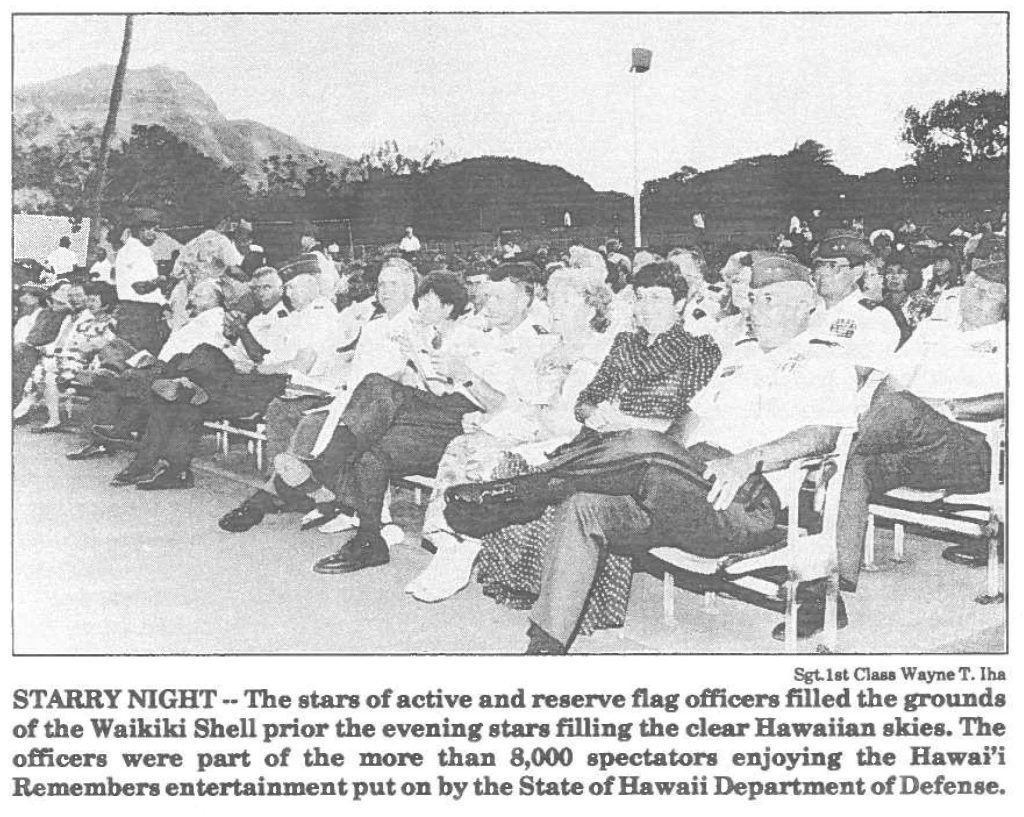 STARRY NIGHT-- The stars of active and reserve flag officers filled the grounds of the Waikiki Shell prior the evening stars filling the clear Hawaiian skies. The officers were part of the more than 8,000 spectators enjoying the Hawai'i Remembers entertainment put on by the State of Hawaii Department of Defense.