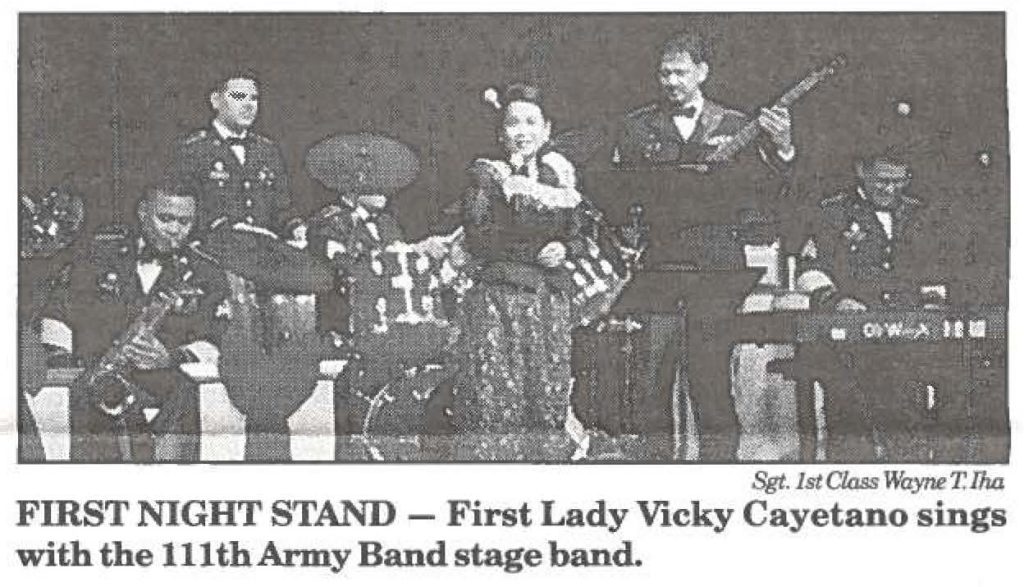 FIRST NIGHT STAND - First Lady Vicky Cayetano sings with the 111th Army Band stage band.