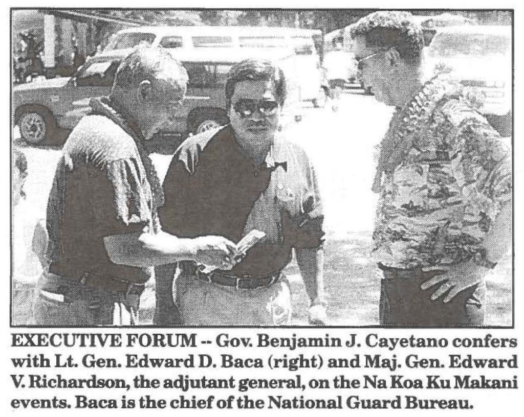EXECUTIVE FORUM-- Gov. Benjamin J. Cayetano confers with Lt. Gen. Edward D. Baca (right) and Maj. Gen. Edward V. Richardson, the adjutant general, on the Na Koa Ku Makani events. Baca is the chief of the National Guard Bureau.