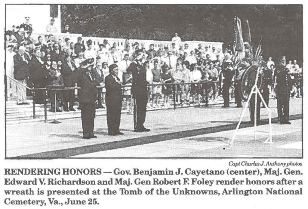 RENDERING HONORS-Gov. Benjamin J. Cayetano (center), Maj. Gen. Edward V. Richardson and Maj. Gen Robert F. Foley render honors after a wreath is presented at the Tomb of the Unknowns, Arlington National Cemetery, Va., June 25.