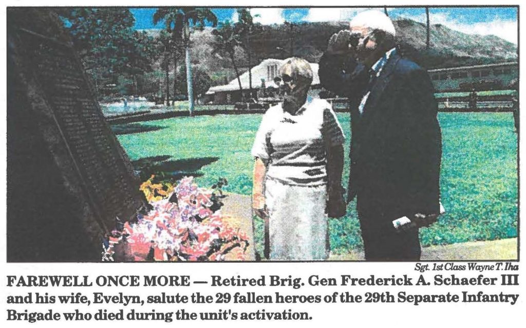 FAREWELL ONCE MORE - Retired Brig. Gen Frederick A. Schaefer Ill and his wife, Evelyn, salute the 29 fallen heroes of the 29th Separate Infantry Brigade who died during the unit's activation.