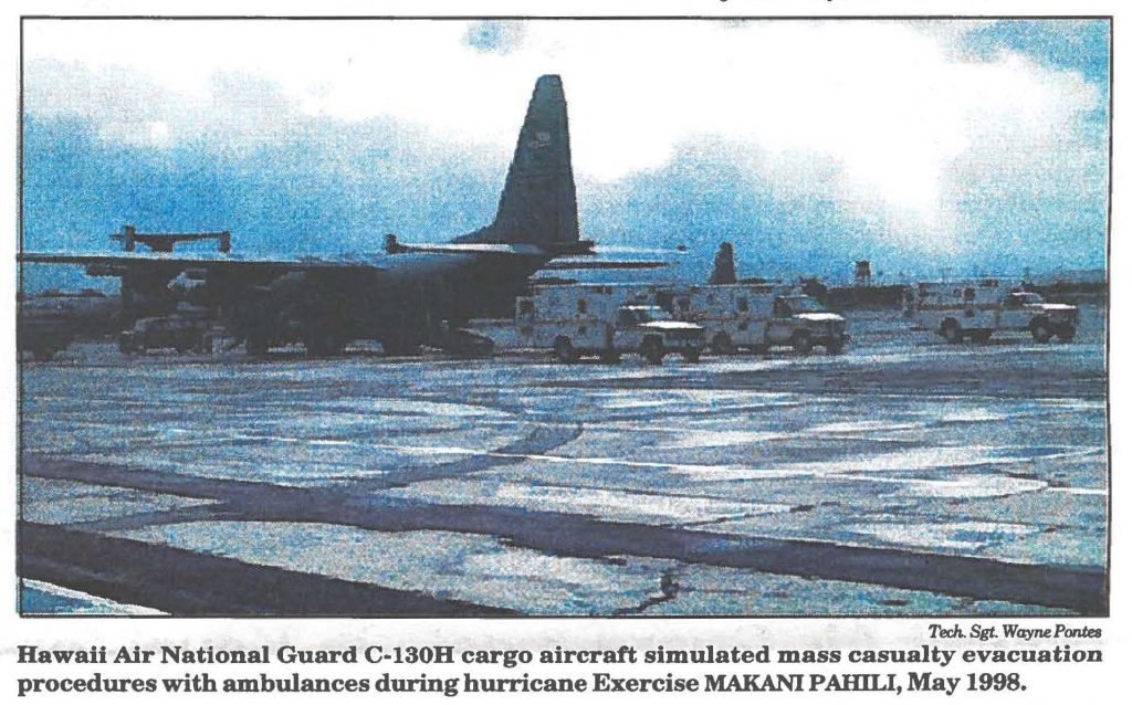 Hawaii Air National Guard C-130H cargo aircraft simulated mass casualty evacuation procedures with ambulances during hurricane Exercise MAKANI PAHlLI, May 1998.