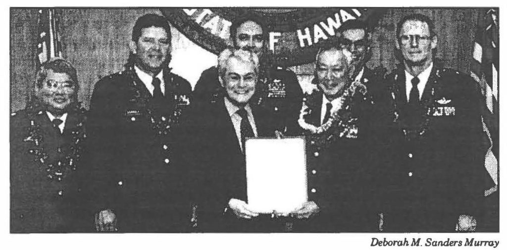HONOLULU HALE MAHALO -Councilman John Henry Felix presents Maj. Gen. Edward V. Richardson, the adjutant general and his staff with a City and County of Honolulu certificate honoring the soldiers and airmen of the Hawaii National Guard for their community