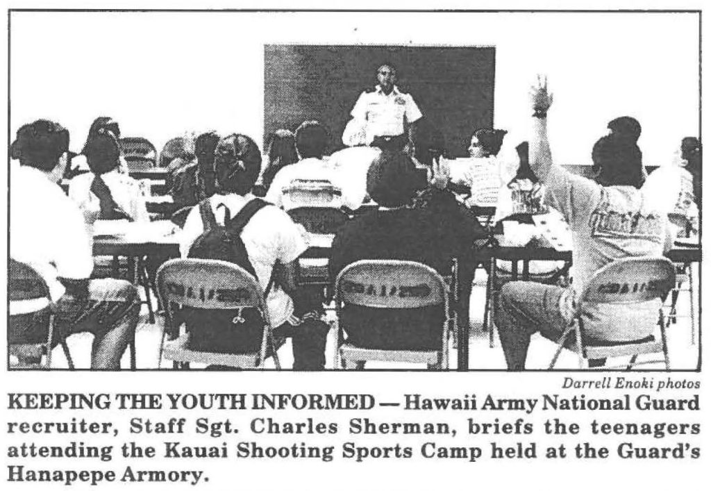 KEEPING THE YOUTH INFORMED- Hawaii Army National Guard recruiter, Staff Sgt. Charles Sherman, briefs the teenagers attending the Kauai Shooting Sports Camp held at the Guard's Hanapepe Armory.