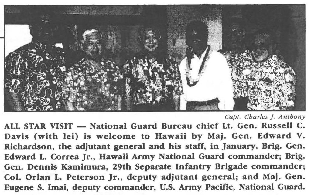 ALL STAR VISIT - National Guard Bureau chief Lt. Gen. Russell C. Davis (with lei) is welcome to Hawaii by Maj. Gen. Edward V. Richardson, the adjutant general and his staff, in January. Brig. Gen. Edward L. Correa Jr., Hawaii Army National Guard commander; Brig. Gen. Dennis Kamimura, 29th Separate Infantry Brigade commander; Col. Orlan L. Peterson Jr., deputy adjutant general; and Maj. Gen. Eugene S. Imai, deputy commander, U.S. Army Pacific, National Guard.