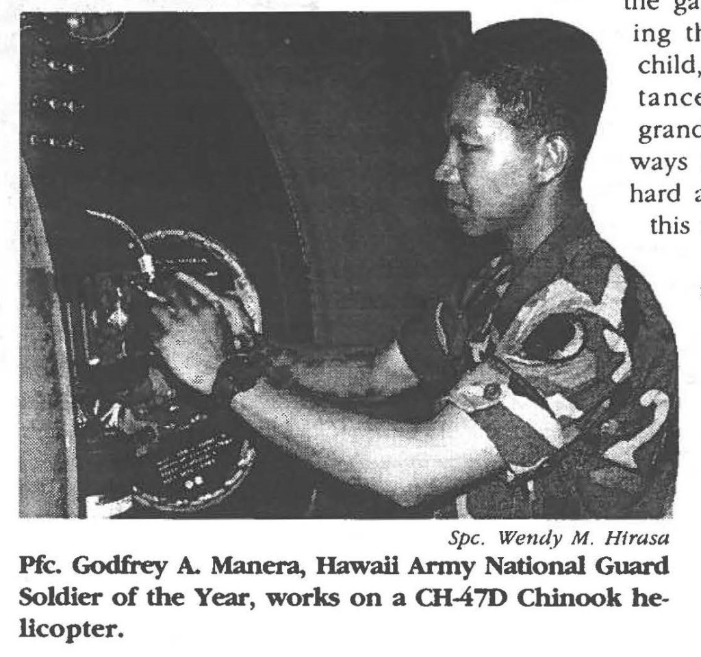 Plc. Godfrey A. Manera, Hawaii Army National Guard Soldier of the Year, works on a CH-470 Chinook helicopter