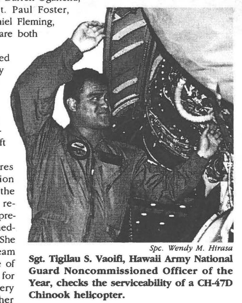 Sgt. Tfgilau S. Vaoifi, Hawaii Army National Guard Noncommissioned Officer of the Year, checks the serviceability of a CH-470 Chinook helicopter.