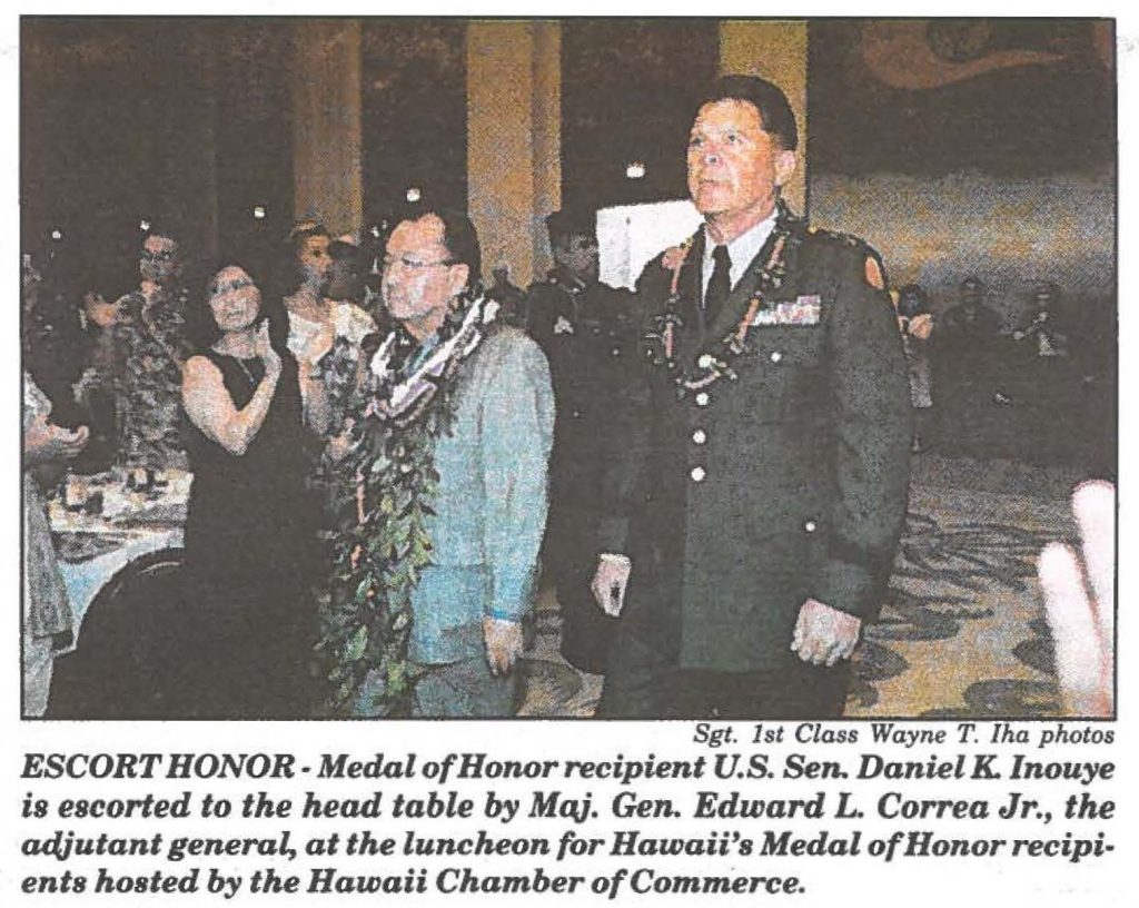 ESCORT HONOR- Medal of Honor recipient U.S. Sen. Daniel K. Inouye is escorted to the head table by Maj. Gen. Edward L. Correa Jr., the adjutant general, at the luncheon for Hawaii's Medal of Honor recipients hosted by the Hawaii Chamber of Commerce.