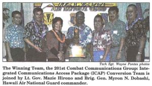 The Winning Team, the 201st Combat Communications Group: Integrated Communications Access Package (ICAP) Conversion Team is joined by Lt. Gov. Mazie Hirono and Brig. Gen. Myron N. Dobashi, Hawaii Air National Guard commander.
