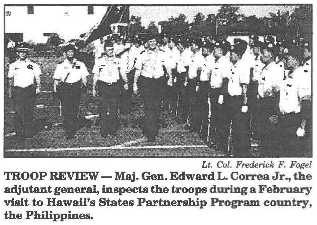 TROOP REVIEW - Maj. Gen. Edward L. Correa Jr., the adjutant general, inspects the troops during a February visit to Hawaii's States Partnership Program country, the Philippines.
