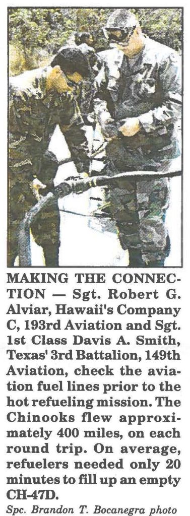 MAKING THE CONNECTION - Sgt. Robert G. Alviar, Hawaii's Company C, 193rd Aviation and Sgt. 1st Class Davis A. Smith, Texas' 3rd Battalion, 149th Aviation, check the aviation fuel lines prior to the hot refueling mission. The Chinooks flew approximately 400 miles, on each round trip. On average, refuelers needed only 20 minutes to fill up an empty CH-47D.