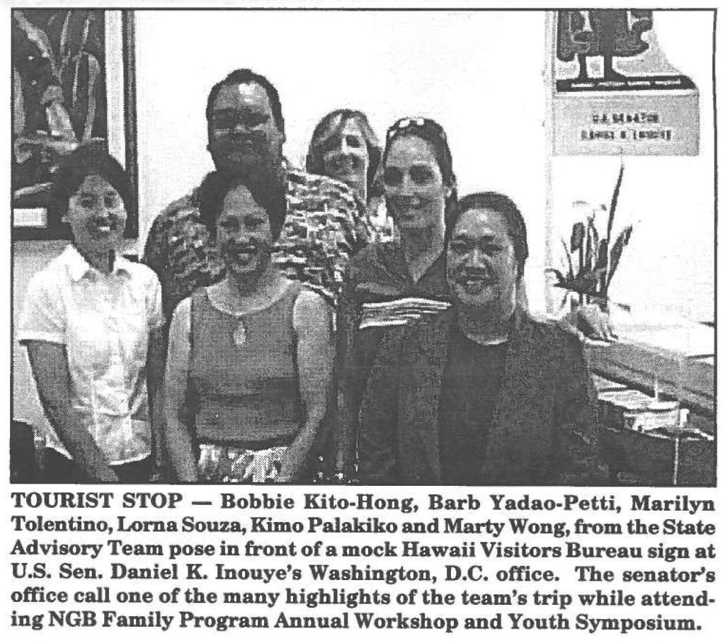 TOURIST STOP - Bobbie Kito-Hong, Barb Yadao-Petti, Marilyn Tolentino, Lorna Souza, Ki.mo Palakiko and Marty Wong, from the State Advisory Team pose in front of a mock Hawaii Visitors Bureau sign at U.S. Sen. Daniel K. Inouye's Washington, D.C. office. The senator's office call one of the many highlights of the team's trip while attending NGB Family Program Annual Workshop and Youth Symposium.