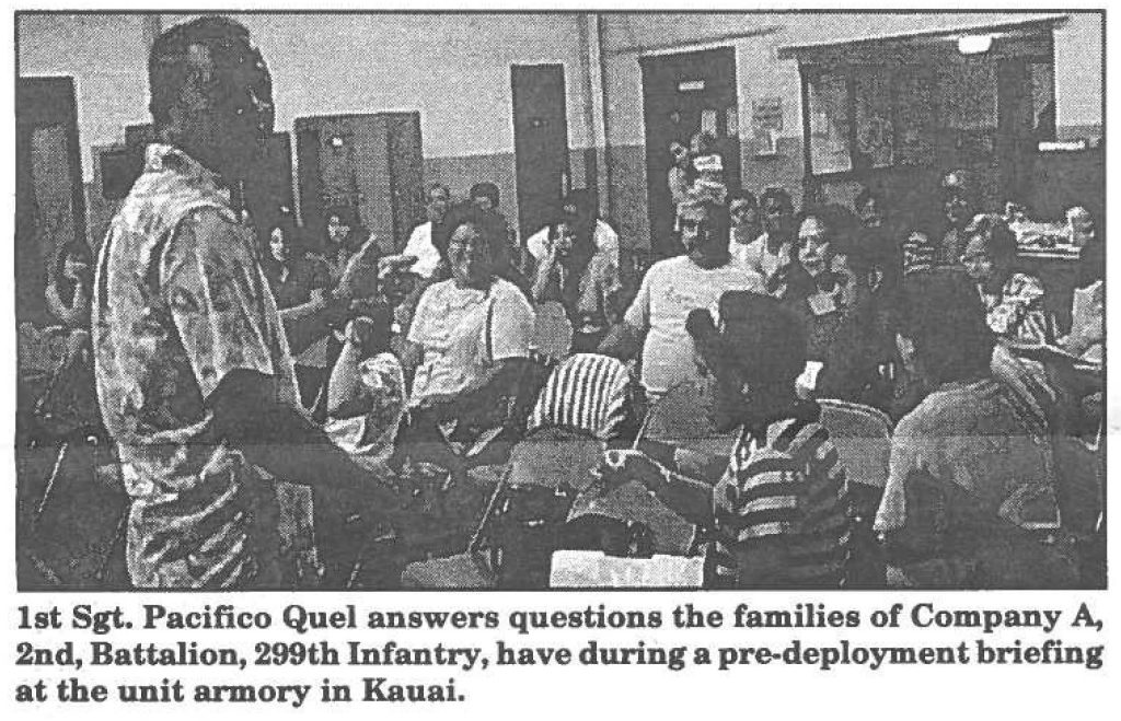 1st Sgt. Pacifico Quel answers questions the families of Company A 2nd, Battalion, 299th Infantry, have during a pre-deployment briefing at the unit armory in Kauai.