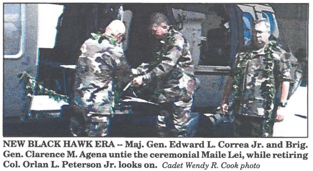 NEW BLACK HAWK ERA-- Maj. Gen. Edward L. Correa Jr. and Brig. Gen. Clarence M. Agena untie the ceremonial Maile Lei, while retiring Col. Orlan L. Peterson Jr. looks on. Cadet Wendy R. Cook photo