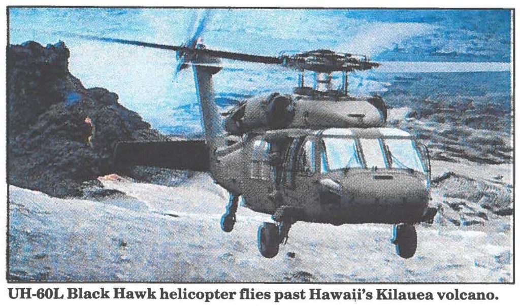 UH-60L Black Hawk helicopter flies past Hawaii's Kilauea volcano.