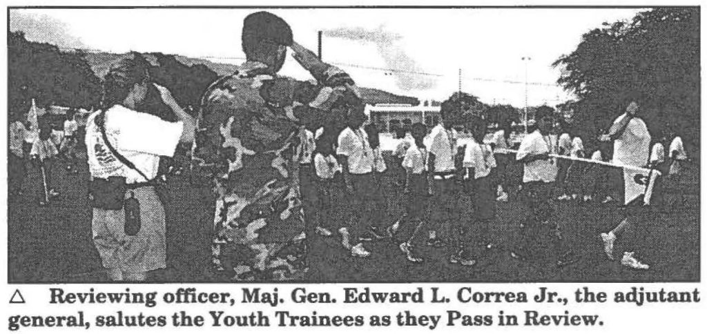 Reviewing officer, Maj. Gen. Edward L. Correa Jr., the adjutant general, salutes the Youth Trainees as they Pass in Review.