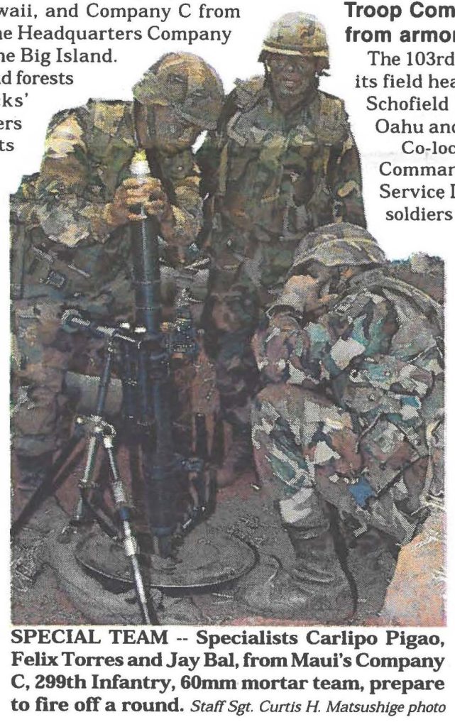 SPECIAL TEAM -- Specialists Carlipo Pigao, Felix Torres and Jay Bal, from Maui's Company C, 299th Infantry, 60mm mortar team, prepare to fire off a round. Staff Sgt. Curtis H. Matsushige photo