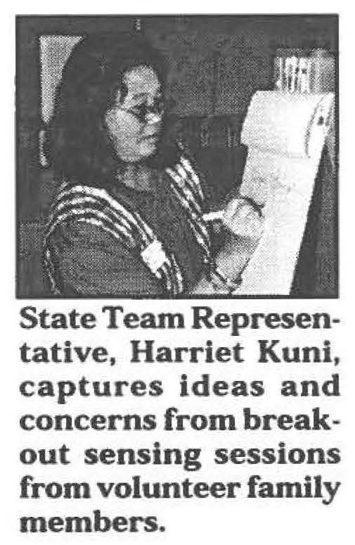 State Team Representative, Harriet Kuni, captures ideas and concerns from breakout sensing sessions from volunteer family members.