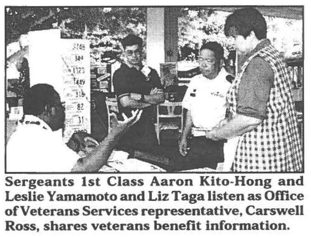 Sergeants 1st Class Aaron Kito-Hong and Leslie Yamamoto and Liz Taga listen as Office of Veterans Services representative, Carswell Ross, shares veterans benefit information.