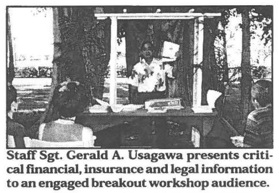 Staff Sgt. Gerald A. Usagawa presents critical financial, insurance and legal information to an engaged breakout workshop audience.