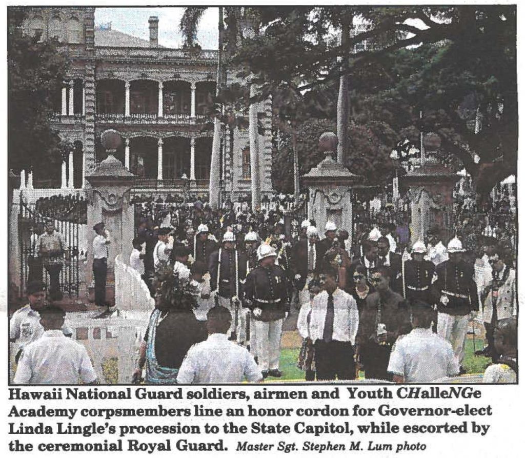 Hawaii National Guard soldiers, airmen and Youth CHalleNGe Academy corps members line an honor cordon for Governor-elect Linda Lingle's procession to the State Capitol, while escorted by the ceremonial Royal Guard. Master Sgt. Stephen M. Lum photo