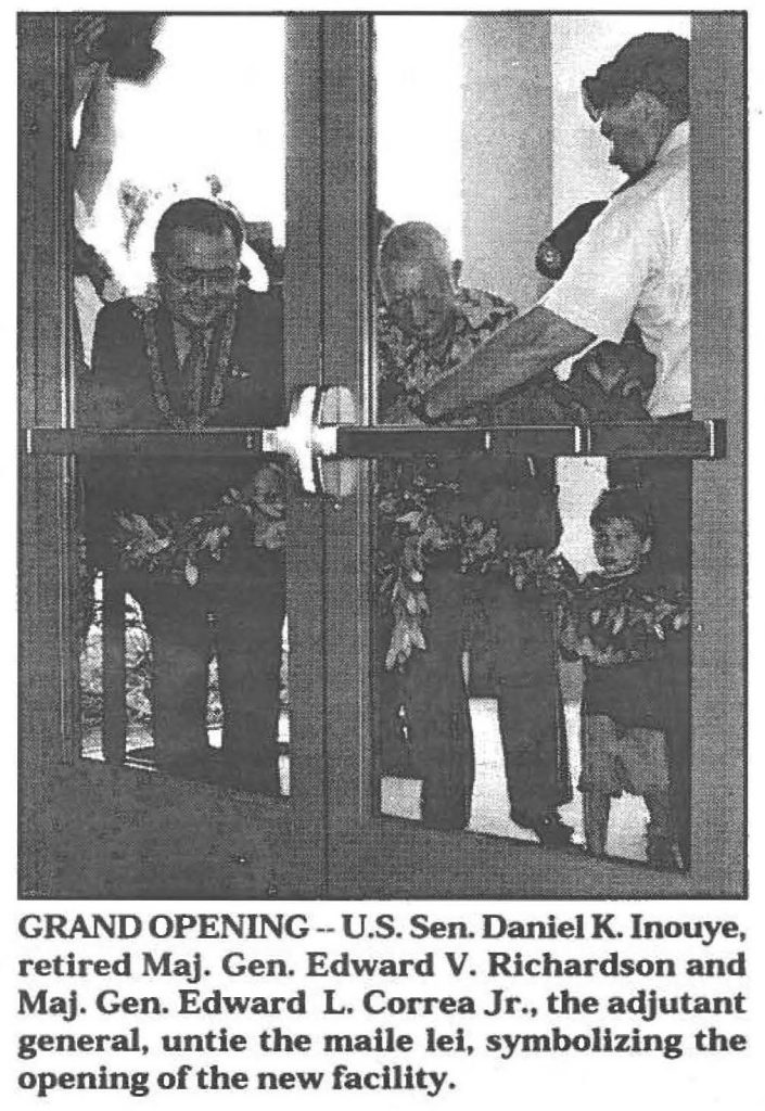 GRAND OPENING-- U.S. Sen. Daniel K. Inouye, retired Maj. Gen. Edward V. Richardson and Maj. Gen. Edward L. Correa Jr., the adjutant general. untie the maile lei, symbolizing the opening of the new facility.