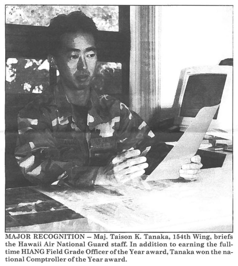 MAJOR RECOGNITION - Maj. Taison K. Tanaka, 154th Wing, briefs the Hawaii Air National Guard staff. In addition to earning the full-time HIANG Field Grade Officer of the Year award, Tanaka won the national Comptroller of the Year award.