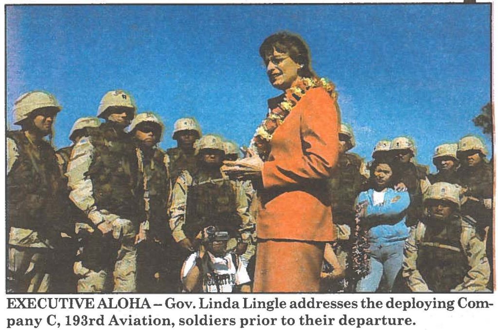 EXECUTIVE ALOHA- Gov. Linda Lingle addresses the deploying Company C, 193rd Aviation, soldiers prior to their departure.