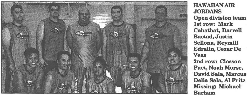 HAWAIlAN AIR JORDANS Open division team 1st row: Mark Cabatbat, Darrell Bactad, Justin Sellona, Reymill Edralin, Cezar De Veas 2nd row: Clesson Paet, Noah Morse, David Sala, Marcus Della Sala, Al Fritz Missing: Michael' Barham