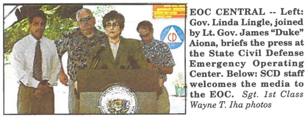 EOC CENTRAL -- Gov. Linda Lingle, joined by Lt. Gov. James "Duke" Aiona, briefs the press at the State Civil Defense Emergency Operating Center.