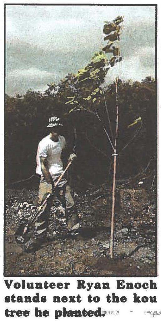 Volunteer Ryan Enoch stands next to the kou tree he planted