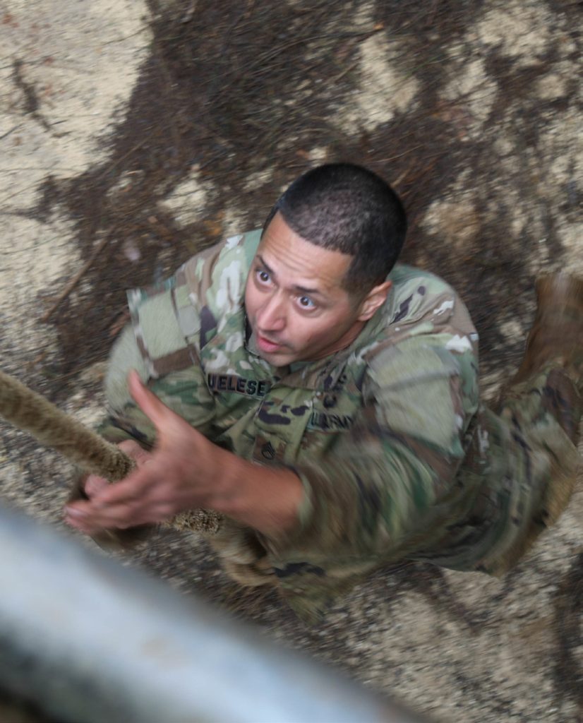 SSG Matthan T. Uelese of 1st Battalion, 487th Field Artillery participates in the obstacle course event, completing the challenge in 11 minutes 40 seconds. Soldiers and NCOs of the Hawaii Army National Guard compete in the annual Best Warrior, Competition held at Schofield Barracks from March 6-8, 2020. (U.S. Army National Guard photo by Sgt. Matthew Foster)
