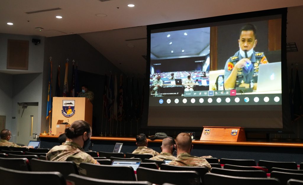 Military Planning Exercise Gema Bhakti 2020 Held in a Distinctly Different Configuration During COVID-19 Pandemic. Hawaii National Guard Soldiers and Airmen participate in a joint military operation planning exercise Gema Bhakti via a virtual meeting space, Honolulu, Hawaii, Aug. 26, 2020. Gema Bhakti is an annual military planning exercise with the Hawaii National Guard State Partnership Program, INDO-PACOM and the Indonesian Armed Forces. This years exercise was held in several location scattered across the world in the last week in August 2020. (U.S. Air National Guard photo by Tech. Sgt. Andrew Jackson)