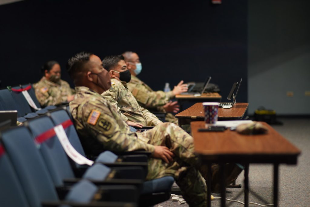 Military Planning Exercise Gema Bhakti 2020 Held in a Distinctly Different Configuration During COVID-19 Pandemic. Hawaii National Guard Soldiers and Airmen participate in a joint military operation planning exercise Gema Bhakti via a virtual meeting space, Honolulu, Hawaii, Aug. 26, 2020. Gema Bhakti is an annual military planning exercise with the Hawaii National Guard State Partnership Program, INDO-PACOM and the Indonesian Armed Forces. This years exercise was held in several location scattered across the world in the last week in August 2020. (U.S. Air National Guard photo by Tech. Sgt. Andrew Jackson)
