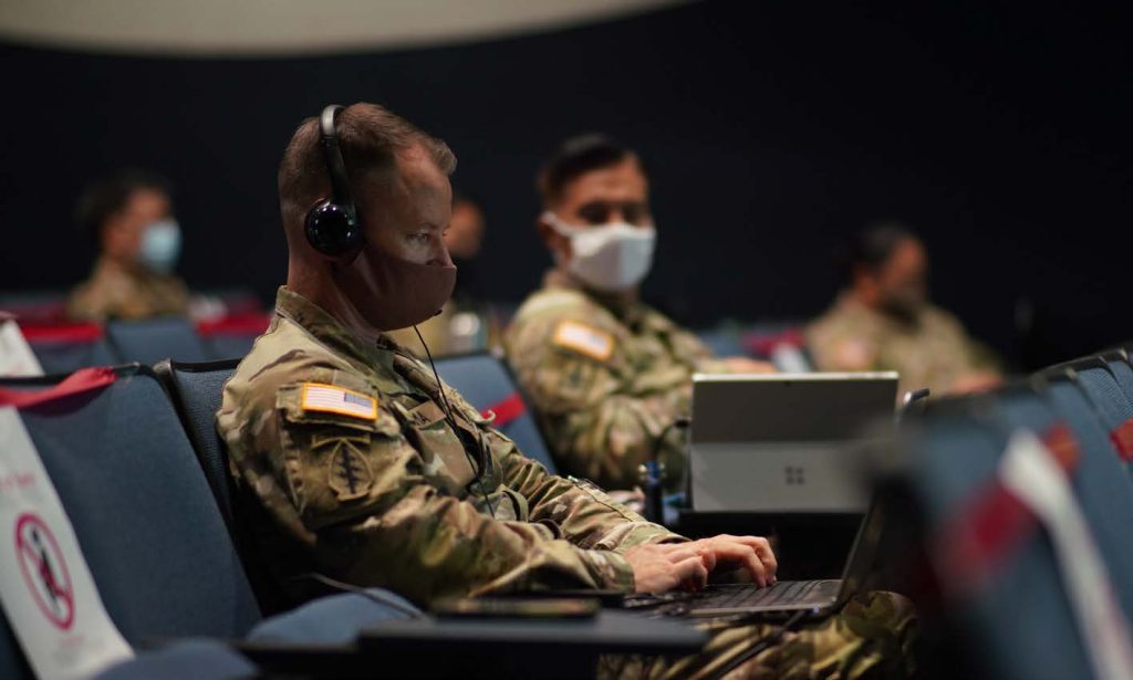 Military Planning Exercise Gema Bhakti 2020 Held in a Distinctly Different Configuration During COVID-19 Pandemic. Hawaii National Guard Soldiers and Airmen participate in a joint military operation planning exercise Gema Bhakti via a virtual meeting space, Honolulu, Hawaii, Aug. 26, 2020. Gema Bhakti is an annual military planning exercise with the Hawaii National Guard State Partnership Program, INDO-PACOM and the Indonesian Armed Forces. This years exercise was held in several location scattered across the world in the last week in August 2020. (U.S. Air National Guard photo by Tech. Sgt. Andrew Jackson)