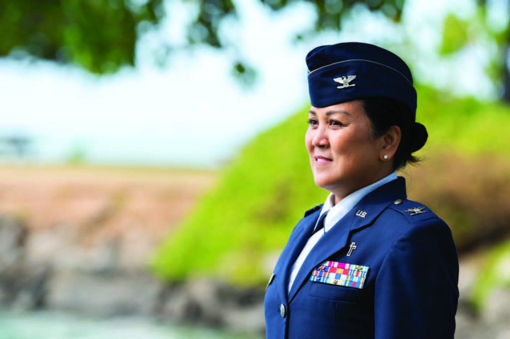 Col. Leah Boling, 154th Wing chaplain, delivers a virtual prayer invocation June 2, 2021, at Joint Base Pearl Harbor Hickam-Hawaii. Boling became the first Asian American and Pacific Islander female being promoted to the rank of colonel within the U.S. Air Force Chaplain Corps. (U.S. Air National Guard photo by Staff Sgt. John Linzmeier)