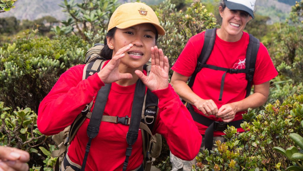 Airman 1st Class Genesaret Balladares, 154th Security Forces Squadron member, leads a team of volunteers during a conservation project event June 8, 2021, on Mount Kaala, Hawaii. Balladares set up a collaboration between her unit and the Army Natural Resource Program, Ohau, during a project to protect native species. The goal of the program is to effectively balance the requirements of the Army’s training mission with its natural resource responsibilities. (U.S. Air National Guard photo by Staff Sgt. John Linzmeier)